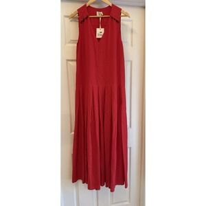 ALYSI Chocolat Dress Women Size 4 Red Micro Embroidery Pleated Drop Waist